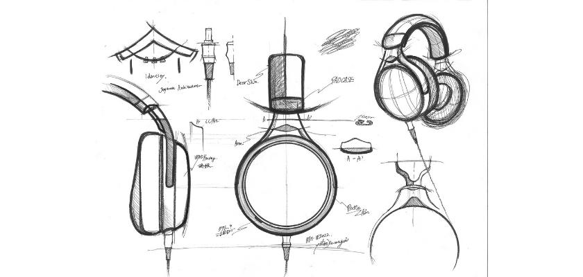 Die Planungsskizzen für den ATH-W2022 Holzkopfhörer von Audio-Technica